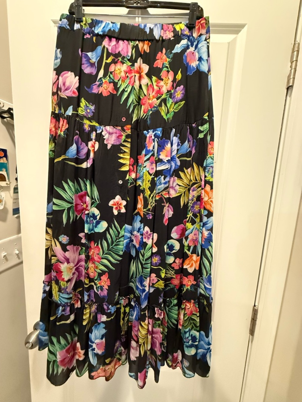 Johnny Was Black Floral Tiered Maxi Skirt with Multicolor Blooms